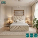 Elizara Golden Ribbon Upholstered Bed Frame with Divan and Ottoman Storage Options